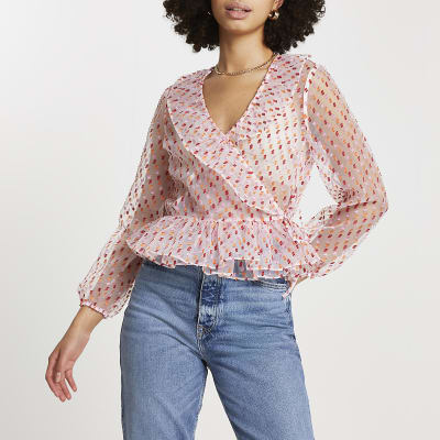 Pink organza wrap peplum hem top