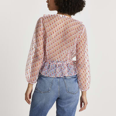 Pink organza wrap peplum hem top