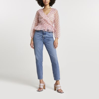 Pink organza wrap peplum hem top