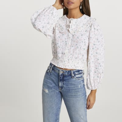 Pink oversized collar floral printed blouse River Island