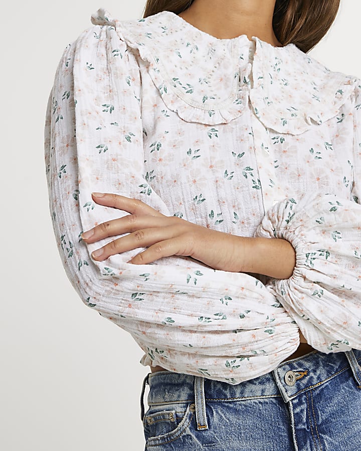Pink oversized collar floral printed blouse