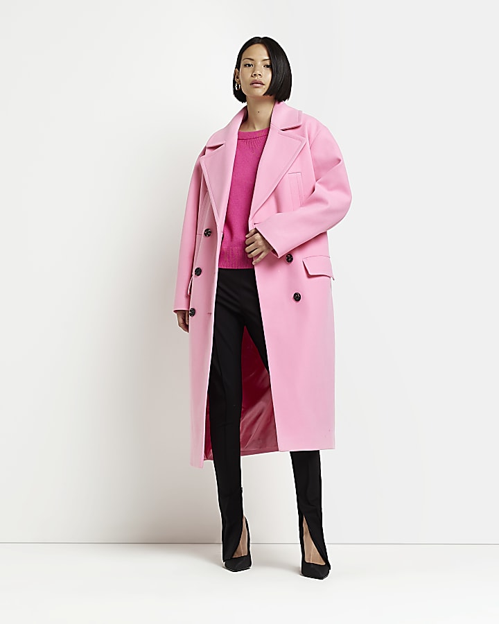 Pink oversized double breasted longline coat