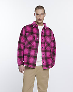 Pink oversized fit fleece check shacket