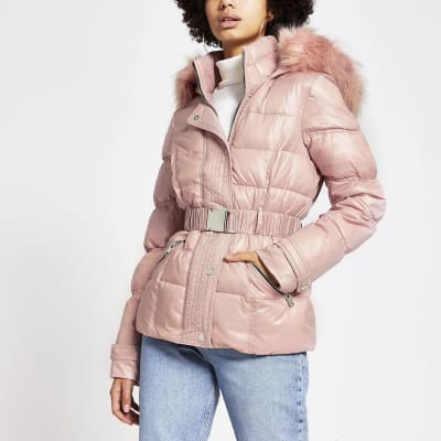 pink padded coat with fur hood