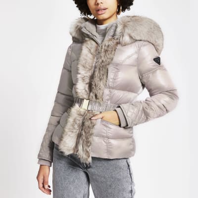 belted coat with fur hood