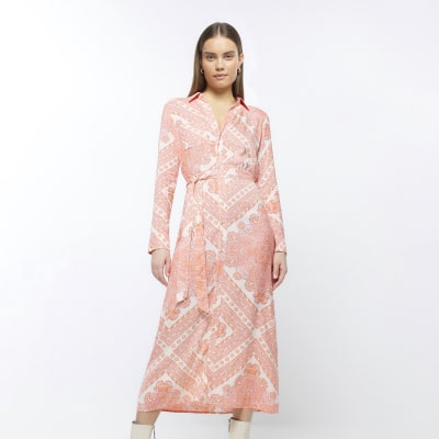 Pink Paisley Long Sleeve Midi Shirt Dress | River Island