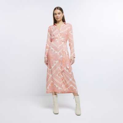 Pink Paisley Long Sleeve Midi Shirt Dress