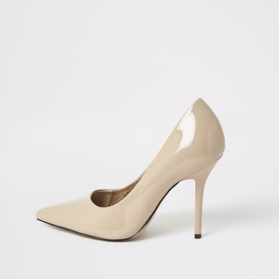 Pink patent pointed toe heeled court shoes | River Island