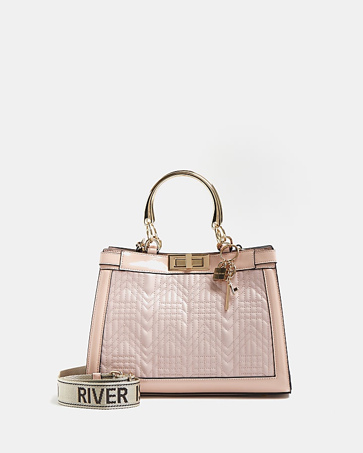 Pink patent quilted tote bag