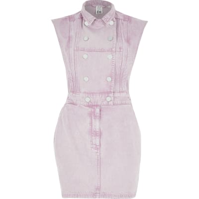 Pink peaked shoulder denim mini dress