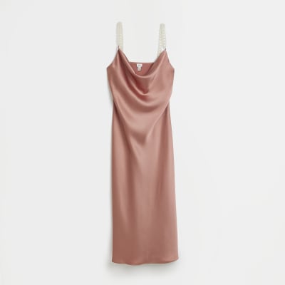 Pink pearl strap satin cami midi dress