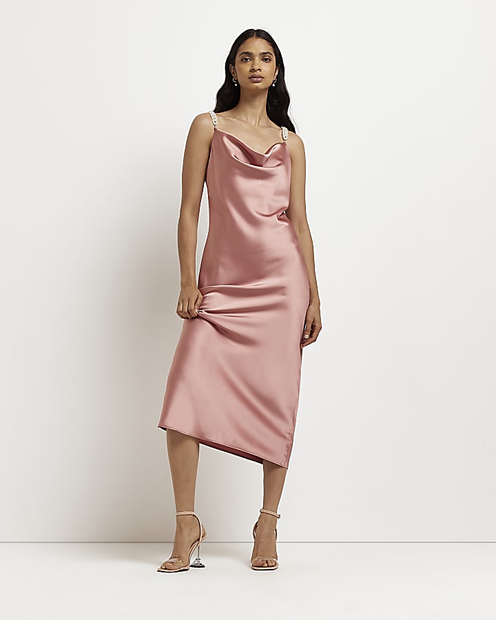 Pink Pearl Strap Satin Cami Midi Dress | River Island