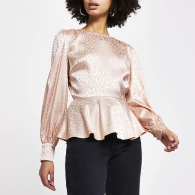 Pink peplum jacquard long sleeve blouse top | River Island