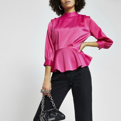 Pink peplum pleated shoulder long sleeve top