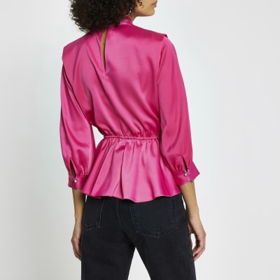 Pink peplum pleated shoulder long sleeve top