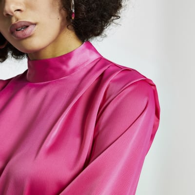 Pink peplum pleated shoulder long sleeve top