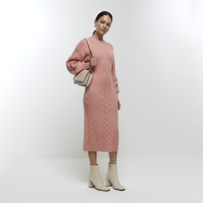 Pink plait jumper midi dress River Island