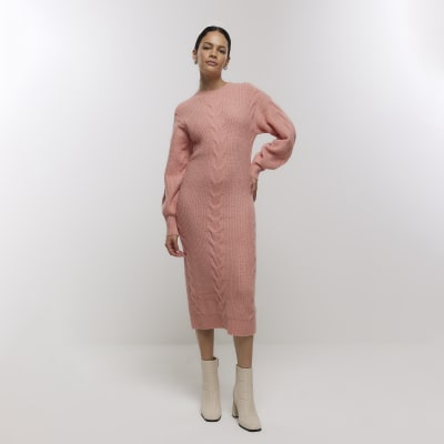 Pink plait jumper midi dress River Island