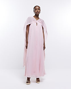 Pink pleated cape maxi dress