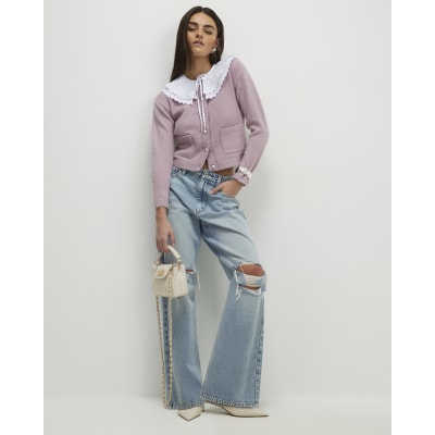 Pink Pleated Collar Cardigan