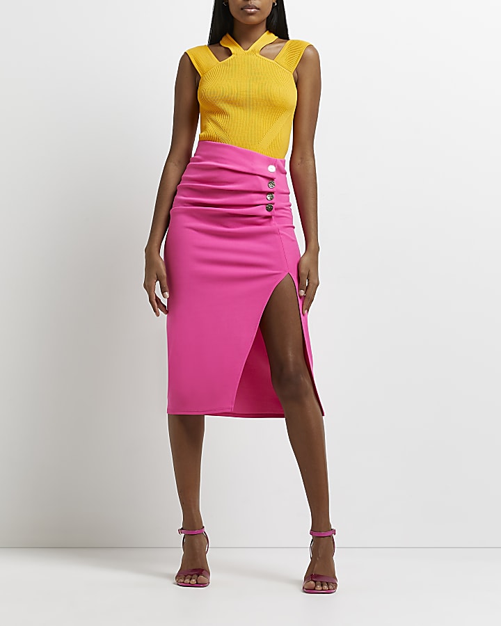 Pink pleated split hem midi skirt