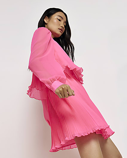 Pink pleated swing mini dress