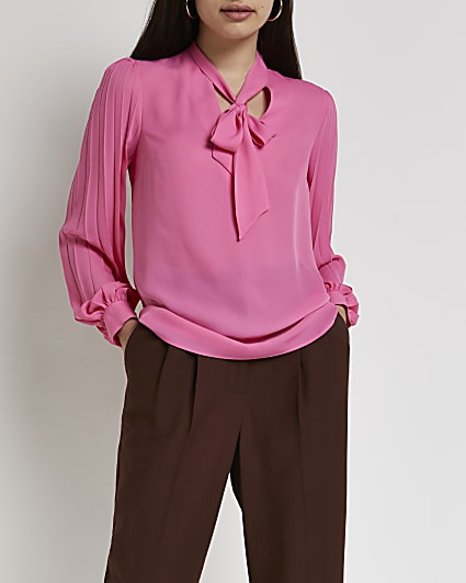 Pink pleated tie neck blouse
