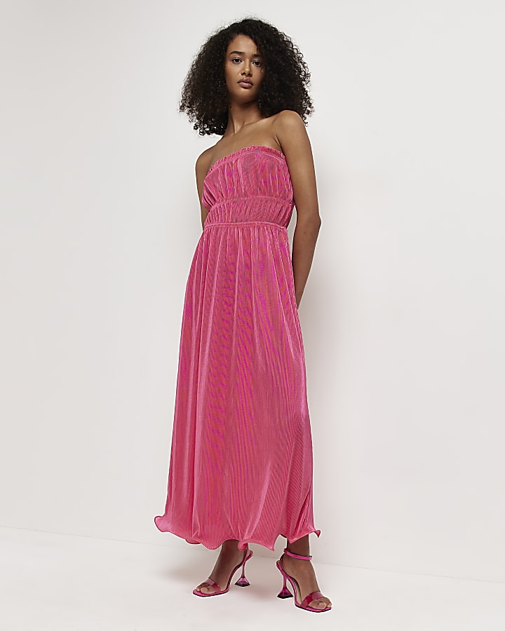 Pink plisse bardot midi dress