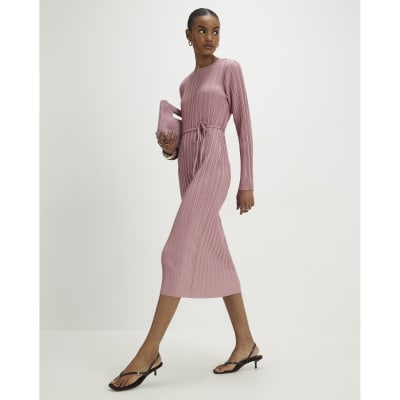 Pink Plisse Belted Midi Dress