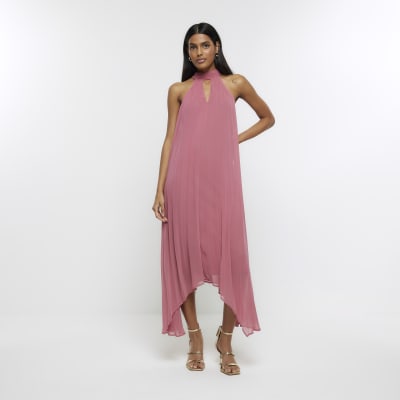 Pink plisse choker slip midi dress | River Island