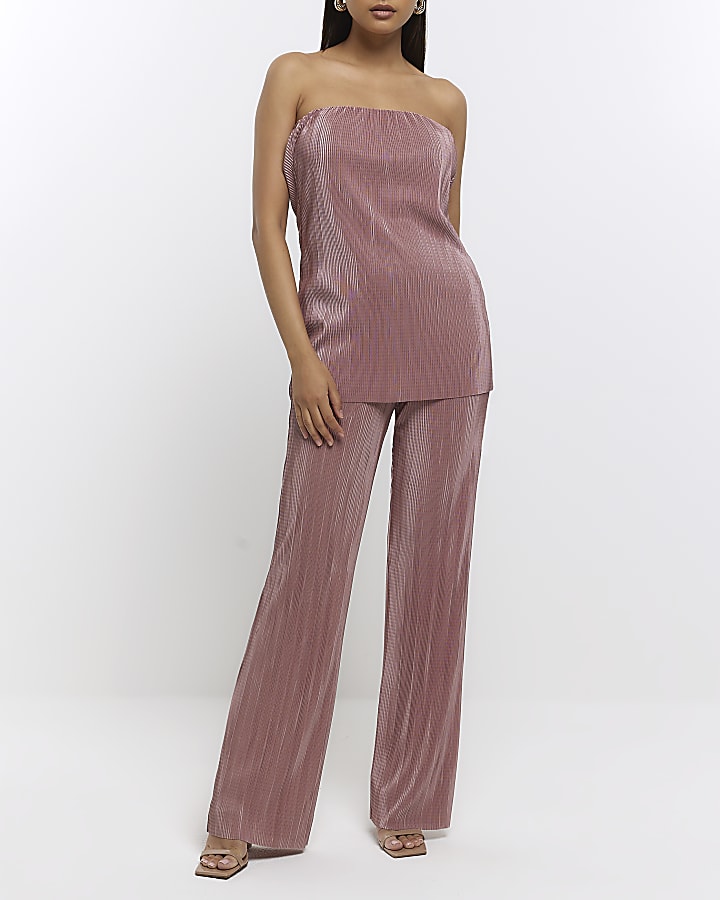 Pink plisse flare trousers