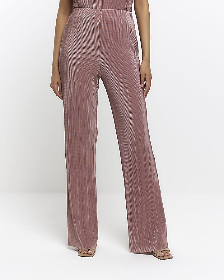 Pink plisse flare trousers