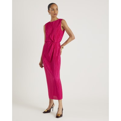 Pink Plisse Knot Side Midi Dress