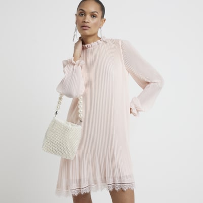 Pink plisse lace hem shift mini dress