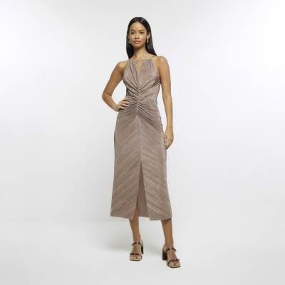 Pink plisse ruched slip midi dress River Island