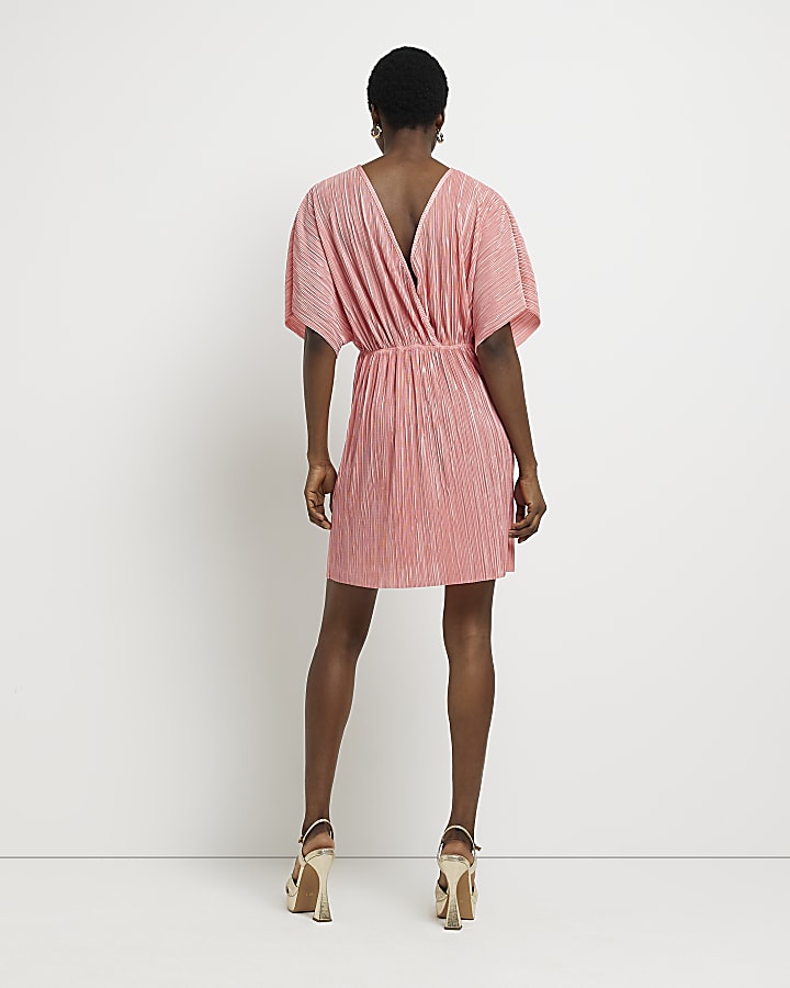 Pink plisse short sleeve mini wrap dress