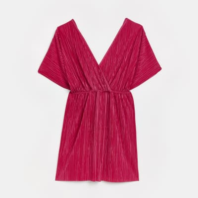 Pink plisse short sleeve mini wrap dress