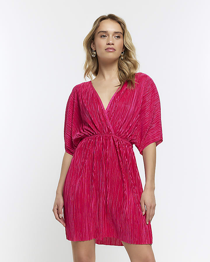Pink plisse short sleeve mini wrap dress
