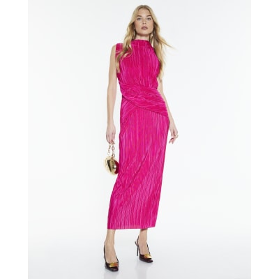 Pink Plisse Sleeveless Wrap Waist Midi Dress