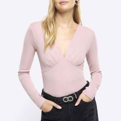 NEW Floral Salmon Plunge Neck Ruffle Bodysuit - L main image 1