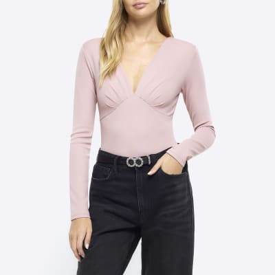 Pink plunge long sleeve bodysuit