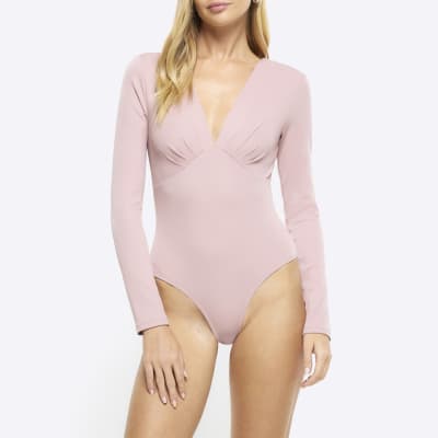 Pink plunge long sleeve bodysuit River Island
