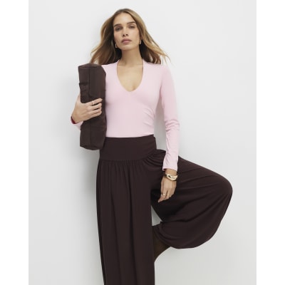 Pink Plunge Neckline Long Sleeve Bodysuit