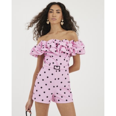 Pink Polka Dot Bardot Ruffle Belted Playsuit