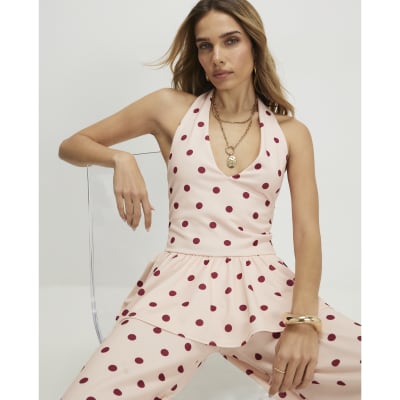 Pink Polka Dot Halter Neck Peplum Top