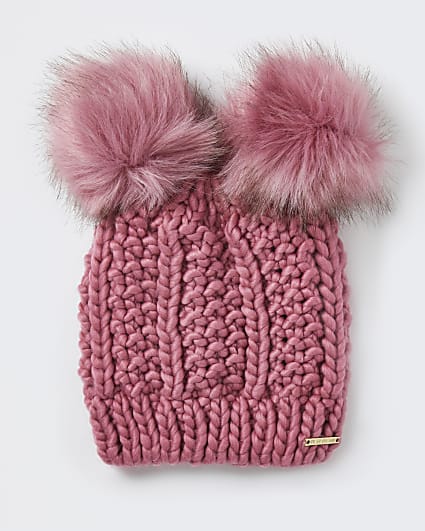 Pink pom pom cable knitted beanie hat