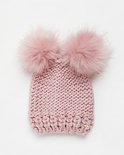 Pink pom pom chunky knit beanie hat