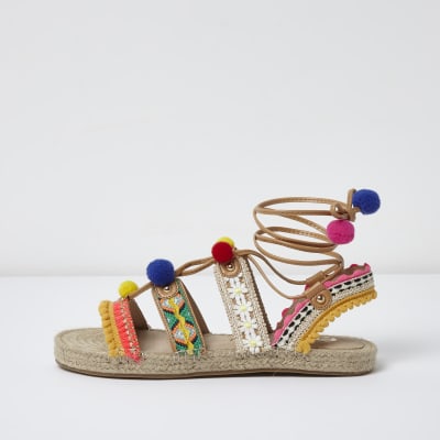 Pink pom pom tie up espadrille sandals