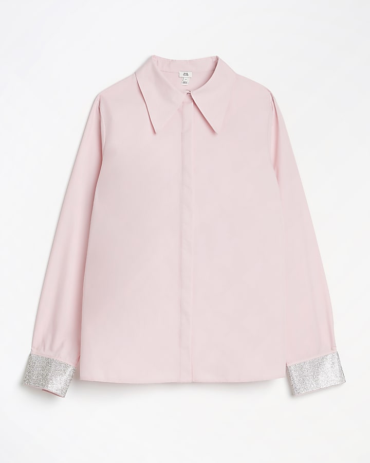 Pink poplin diamante long sleeve shirt