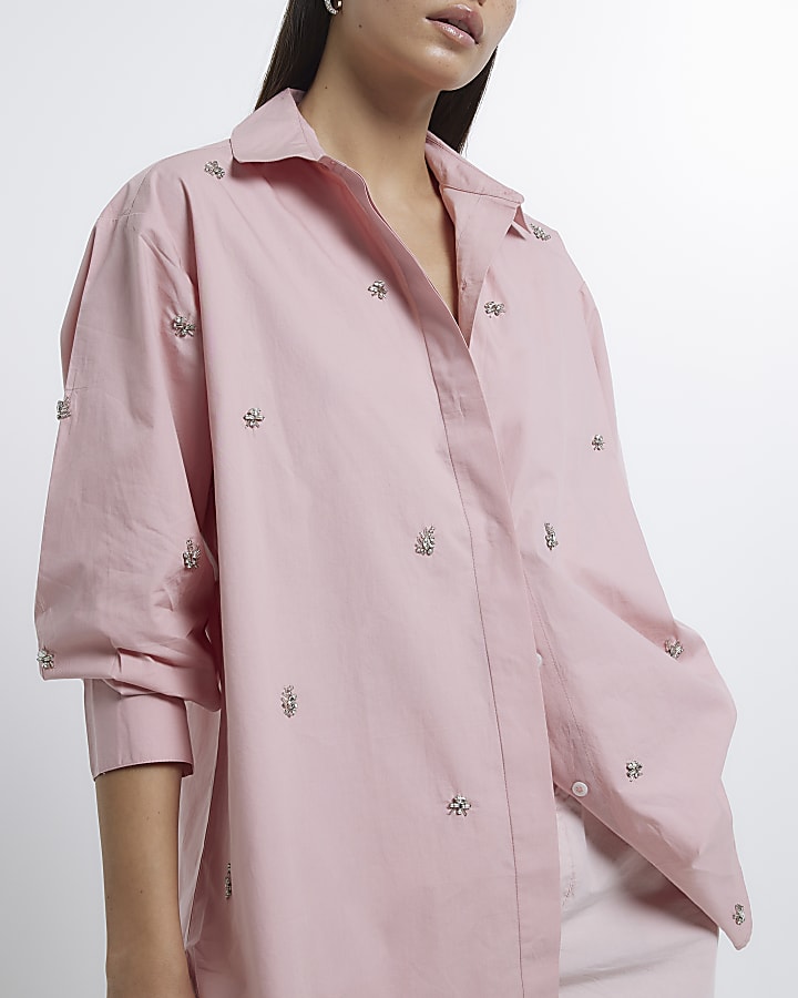 Pink poplin embellished oversized shirt